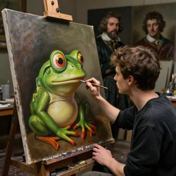 a young painter in his studio painting a picture of pepe the frog, by edgar maxence and caravaggio and michael whelan and delacroix style, artistic, intricate drawing, cinematic lighting, hyper realistic, extremely detailed, establishing shot, 8 k resolution, dramatic lighting
