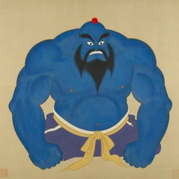 blue muscular genie covered in oil in Style of korean traditional folktale painting by Shin Yun-bok; Sin Yun-bok ; 8k resolution