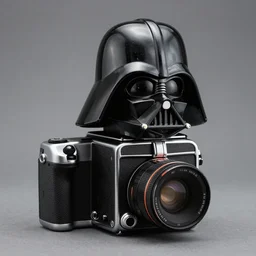 photograph of a medium format camera that looks like Darth Vader's helmet . very detailed. plain background. 8K . still life photo. elegant design.