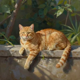 painting of an orange tabby cat, soaking up the sun on a garden wall