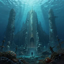of a lost empire in the deep sea, in the style of greg rutkowski