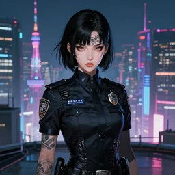 portrait black hair of futuristic symmetrical face female police, black armored uniform, tatoo, at rooftop futuristic cyberpunk feel tokyo, ssci - fi and fantasy, neon light, intricate and very very beautiful, digital painting, artstation, concept art, smooth and sharp focus, illustration, art by tian zi and wlop and alphonse mucha, frostbite engine