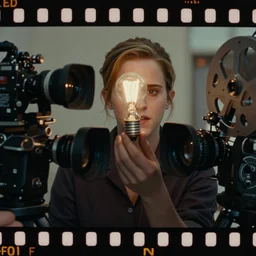 a wide angle movie still showing emma watson with face looks like a lightbulb, close - up face, shot on celluloid with panavision cameras, panavision lenses, 3 5 mm film negative width, anamorphic projection format, critically acclaimed, oscar winning practical effects