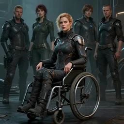 masterpiece concept art, a beautiful highly detailed sci - fi lady on wheelchair, cinematic moody colors, realistic shaded lighting poster by ilya kuvshinov, magali villeneuve, artgerm, jeremy lipkin and michael garmash and rob rey,