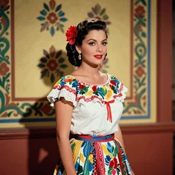the image is a lost hollywood film still photograph of in this image, a beautiful mexican actress from the 1 9 5 0 s. she is wearing a traditional mexican dress with a colorful pattern. her hair is styled in a classic updo, and she has a bright red flower in her hair. she is standing in front of a wall with a traditional mexican pattern. vibrant cinematography, anamorphic