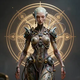 a centered render of an alien bio - organic goddess adorned with cables and synthesizer parts is surrounded by sacred geometry, full body, gorgeous face, perfect face, powerful, cinematic, beautifully lit, by artgerm, by karol bak, 3 d, trending on artstation, octane render, 8 k