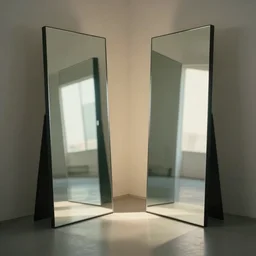 two mirrors stand parallel to each other refracting each other recursively in an room with mirror floor and walls, natural lighting, cinematic lighting, 4 k, global illumination