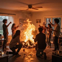 a group of people celebrating a housewarming party but the entire room is on fire and they aren't noticing