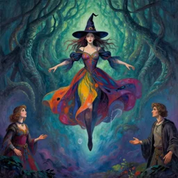 a witch. floating in the sky in front of cthulhu. she wear a colorful dress. painted by barbara canepa and alessandro barbucci and tony sandoval.
