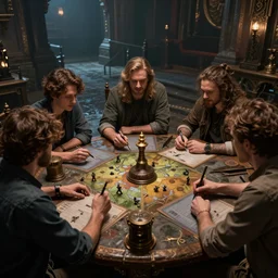 guys playing dungeons & dragon tabletop rpg, artstation, by weta digital, by wlop, cinematic