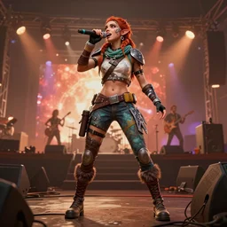 highly detailed full body character art of (Aloy from ((Horizon: Zero Dawn))) as a >>>rock star<<< singing at the >>>rock concert<<<, full body, highly detailed, photo realistic, energetic atmosphere, 8K, octane render, unreal engine