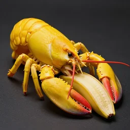 a yellow lobster eating a huge red banana, hyperrealistic, high detail, dark background, high contrast, bright colors,