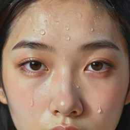 closeup of sweating forehead with sweat on it, big drops of sweat, big beads of sweat, sweat drops, airbrush painting, forehead only, by Hajime Sorayama, symmetric face, beautiful face, highly realistic, star flares, trending on artstation, beautiful lighting, sharp, details, hyper-detailed, HD, HDR, 4K, 8K