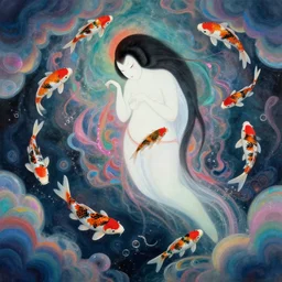 japanese banshee with floating koi fish, by petros afshar, ross tran, peter mohrbacher, tom whalen, underwater bubbly psychedelic clouds
