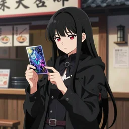 1 7 - year - old anime goth girl, black hair, long bob cut, long bangs, gothic coat, holding magical technological card, magic card, in front of ramen shop, strong lighting, strong shadows, vivid hues, raytracing, sharp details, subsurface scattering, intricate details, hd anime, very - high - budget anime movie, 2 0 2 1 anime