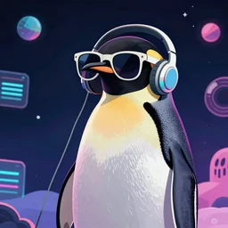 an emperor penguin in the space listening to music and wearing sunglasses, synthwave art style