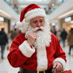 a drunk santa crying, no sobriety, shopping mall, highly detailed