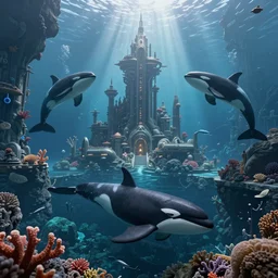 civilization underwater created by orcas, submerged city made with coral and rock by killer whales, fantasy sci fi awe inspiring