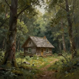 a painting of a cottage in the woods and empty woods, 8k, fantasy, hyper realistic, atmospheric, cinematic