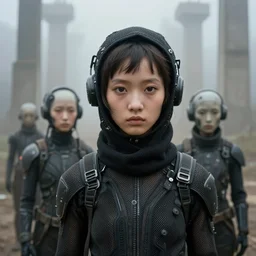 cinestill 5 0 d photographic portrait by helen levitt of cute androids wearing rugged black mesh techwear in a foggy cement grove, extreme closeup, modern cyberpunk, dust storm, 8 k, hd, high resolution, 3 5 mm, f / 3 2, ultra realistic faces, intricate detail, ex machina