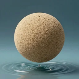 A sphere made of sand levitating on water, highly detailed and photorealistic