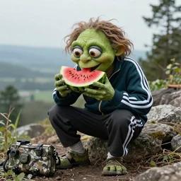 Gollum in adidas tracksuit eats watermelon trail cam