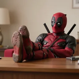 a still of deadpool relaxing at home feet up on table