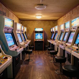 beautiful fuzzy photograph of an empty liminal 9 0 s arcade