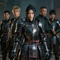 A portrait of a female cyborg  in medieval japonese armour by Greg Rutkowski, Sung Choi, Mitchell Mohrhauser, Maciej Kuciara, Johnson Ting, Maxim Verehin, Peter Konig, final fantasy, 8k photorealistic, cinematic lighting, HD, high details, dramatic, atmospheric , trending on artstation