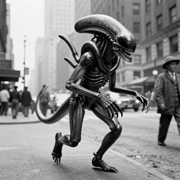 old black and white photo, 1 9 1 2, depicting a xenomorph from the movie aliens rampaging through the bustling streets of new york city, historical record, history channel,