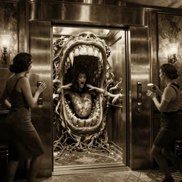 horrifying action scene sepia painting of a 1 9 2 0 s hotel elevator looking like a giant monstrous mouth, atmospheric lighting, brooding, painted, intricate, ultra detailed, well composed, best on artstation, cgsociety, epic, horror, stunning, gorgeous, intricate detail, much wow, masterpiece, cinematic aesthetic octane render, 8 k hd resolution,