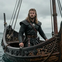 ragnar lothbrok in a ship looking for new lands, 8k, ultra realistic
