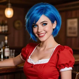 an insanely detailed portrait of a smiling beautiful barmaid with short blue hair working at a rustic saloon, wearing red dress, highly detailed features, sparkling blue eyes, long eyelashes, in the style of peter mohrbacher, artgerm, dramatic lighting and composition, octane render, trending on artstation, concept art 8 k