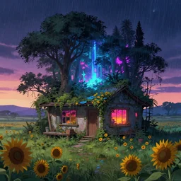 a beautiful ultradetailed anime illustration of nature building abandoned tiny home by rosa bonheur, at night vaporwave at dusk neon signs thermal vision reclaimed by nature darkacademia meadow at dawn retrowave tron evil forest cosmic rain with sun flowers san andreas elysian, archdaily, wallpaper, highly detailed, trending on artstation.