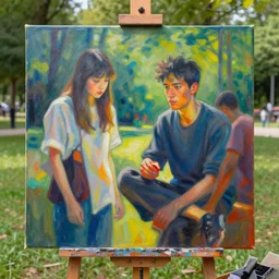 D.va painting on a canvas at a park, vivid colors, natural sunlight, matte painting by Greg Hildebrandt and Artgerm and Ross Tran, highly detailed