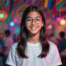 colorful and festive captivating happy teenager boy with straight long black hair, wearing round glasses and a white t - shirt. rich vivid colors, ambient lighting, dynamic lighting, 4 k, atmospheric lighting, painted, intricate, highly detailed by charlie bowater