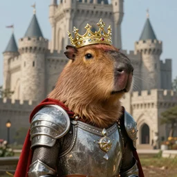 highly detailed photorealistic painting of a capybara :: wearing a ultra detailed ornamented gold crown with diamonds, in a highly detailed medieval knight armor with red cape, standing in front of a photorealistic detailed castle, sharp focus in the style of ruan jia, Mandy jurgens, cinematic light, concept art, trending on artstation, ultra realistic, 8k octane render, unreal engine