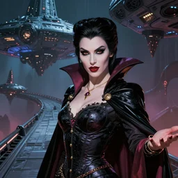 portrait of vampire queen commanding the bridge of a evil starship, comic book cover art, detailed