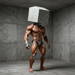 biomechanical muscular man, geometric hydraulic box on head, trapped in concrete room, external spinal cord
