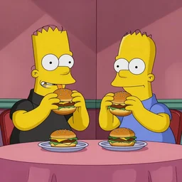 Superintendent Chalmers and Principal Skinner sitting at a table eating hamburgers, still frame from The Simpsons