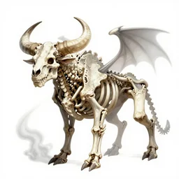 skeleton bull creature made out of dragon bones character design sheet, Monster Hunter Illustrations art book, shadow aura, huge horns, Moebius, Greg Rutkowski, Zabrocki, Karlkka, Jayison Devadas, Phuoc Quan, trending on Artstation, 8K, ultra wide angle, zenith view, pincushion lens effect.