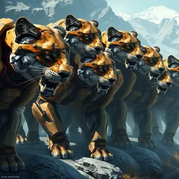 an army of robot mountain lions, detailed, photorealistic, artstation, by rutkowski, wlop