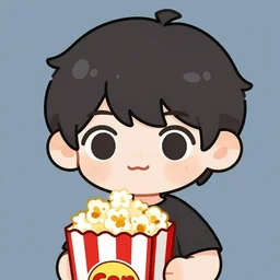 vector anime chibi style character featuring a single piece of piece of popcorn with a smiling face and flames for hair, with john lennon sunglasses, popcorn as morpheus, clean composition, symmetrical