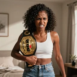 color photo of an angry black female champion in her room,, soft lighting, worm tone.