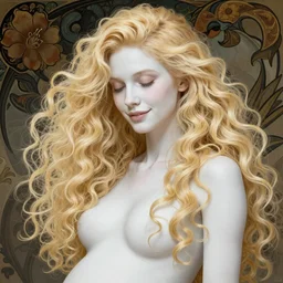 A pregnant blond woman with closed eyes smiling, very detailed sharp angular masculine face, hooked nose and square jaw long fluffy curly blond hair, (12x) extremely pale white skin, light blond hair, gorgeous, beautiful, intricate, highly detailed, digital painting, artstation, concept art, sharp focus, illustration, art by greg rutkowski and alphonse mucha