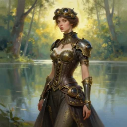 woman model, steampunk!!! and modern, rgb, lake with trees!!, backlit, elegant, highly detailed, digital painting, artstation, concept art, smooth, sharp focus, illustration, art by krenz cushart and artem demura and alphonse mucha