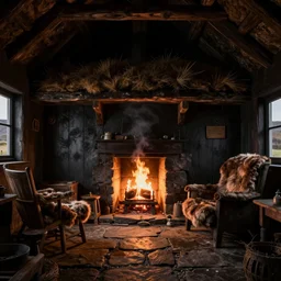 photorealistic rendering of interior a hebrides crofter's black house dwelling, in scotland, open fire in center of room, stone floor, smoke, wooden furtniture, turf roof, volumetric lighting, dark, dark, dingy, old, unreal engine render