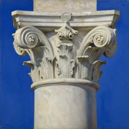 achingly beautiful painting of intricate ancient roman corinthian capital on brilliant sapphire background by rene magritte, monet, and turner. giovanni battista piranesi.