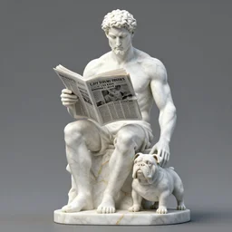 a statue made of white marble with gold veins, of klay thompson reading the newspaper and petting his bulldog, full body shot, perfect symmetrical body, perfect symmetrical face, hyper realistic, hyper detailed, by johannen voss, by peter kemp, by monia merlo, by michelangelo, octane render, blender, 8 k
