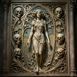 detailed realistic memento mori by robin gnista, gothic ornament, skulls, bones, art nouveau, neogothic, ornate art nouveau botanicals, horizontal symmetry